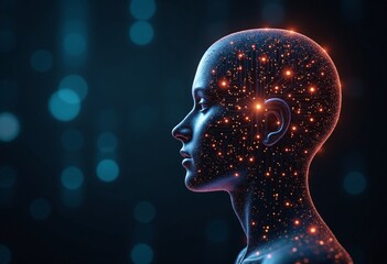 Obraz premium A digital human head formed of circuit boards and glowing light, with a bokeh background, symbolizing artificial intelligence and technological advancement