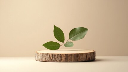 Minimalist Still Life with Green Leaves on a Wooden Slab