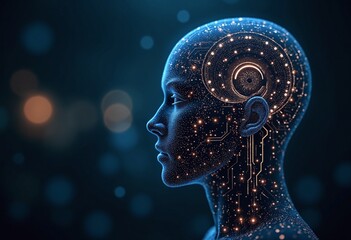 Obraz premium A digital human head formed of circuit boards and glowing light, with a bokeh background, symbolizing artificial intelligence and technological advancement