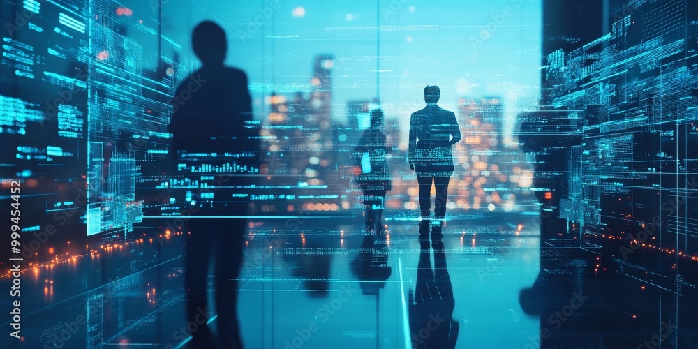 Poster Business executives discussing strategies for digital transformation with a focus on implementing new technologies and improving workflows.