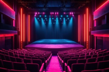 A vibrant theater stage illuminated with colorful lights, ready for a performance with empty seats awaiting an audience.