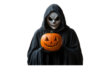 Spooky Grim Reaper with Halloween Pumpkin on transparent Background