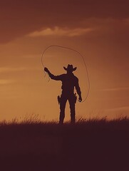 Cowboy Silhouette at Sunset with Lasso.