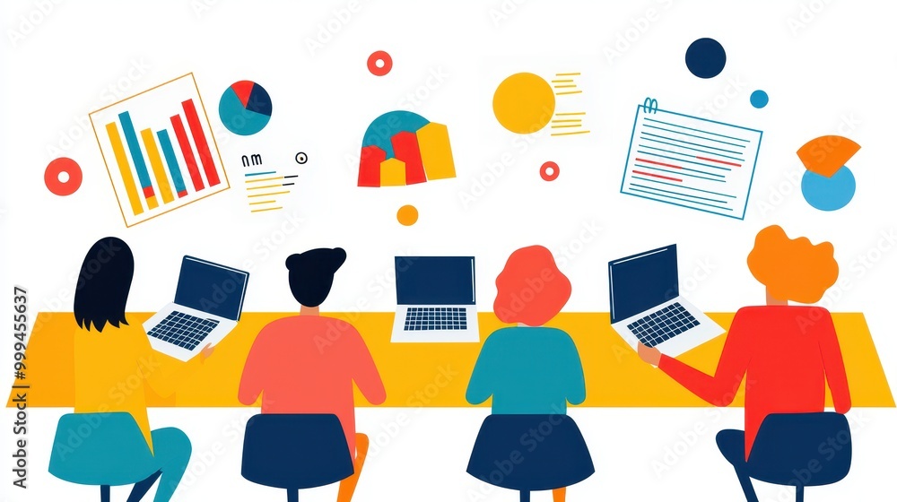 Poster a colorful graphic showing a diverse group working together at a table, analyzing data on laptops, w