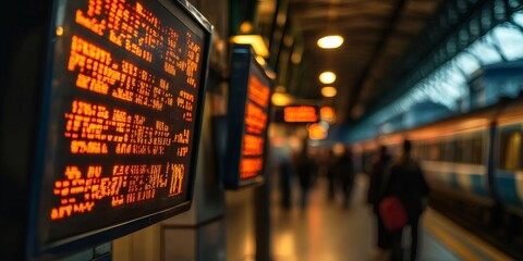 a train departure board flipping times, with passengers waiting in the background