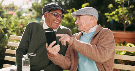 Outdoor, funny and senior men with cellphone, typing and retirement with humor, texting and...