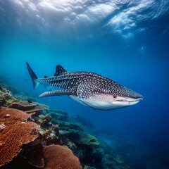 Gentle Whale Shark Gliding Gracefully through the Crystal-Clear Waters of a Coral Reef