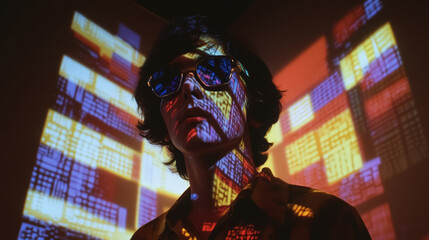 Video projection of analog distorted teletext image projected onto a hallucinating vintage character of a young man. The projection is overlaid onto his appearance, blurring and contorting it.