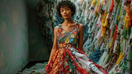 A woman in a colorful dress stands against a wall of fabric scraps.  Her face is serious as she looks at the camera.