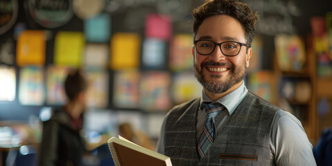 Obraz premium A teacher in professional attire, holding a book, standing in a classroom, smiling .