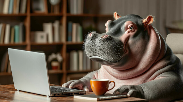 A relaxed hippopotamus works from home, sitting at a desk with a laptop, a coffee cup, and a notebook. The cozy setting, filled with bookshelves, brings humor to the concept of remote work.