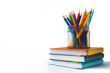 Fototapeta premium Books stacked with a jar of colorful pencils on top, isolated on white background. Concept of education and learning. 3D Rendering