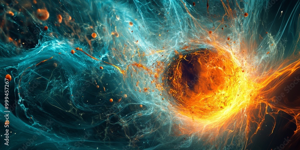Poster a quark-gluon plasma simulation, with extreme temperatures and subatomic particles in flux.