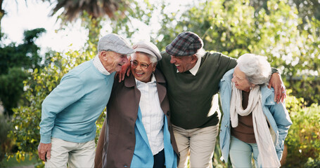 Senior people, together and outdoor in retirement home as pensioners for support, wellness and relax. Group, elderly care and friends for bonding in garden or backyard as nursing village or community