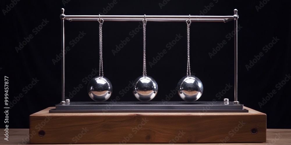 Poster newtons cradle in action, showing kinetic energy transfer between spheres in perfectly elastic colli