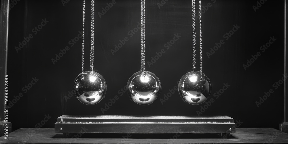 Poster newtons cradle in action, showing kinetic energy transfer between spheres in perfectly elastic colli