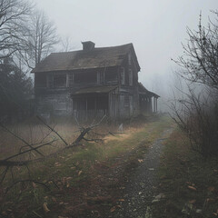 Obraz premium Old haunted abandoned ghost town village in scary misty atmosphere,