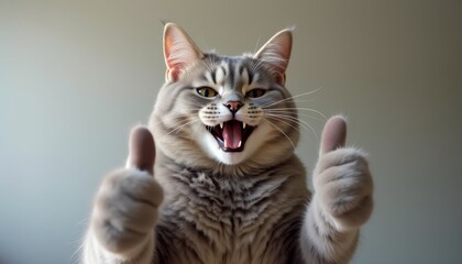 A cat is giving thumbs up to the camera