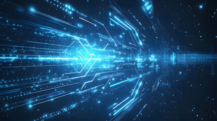 Light arrow circuit on blue background illustration, copy space composition, business growth digital concept. 