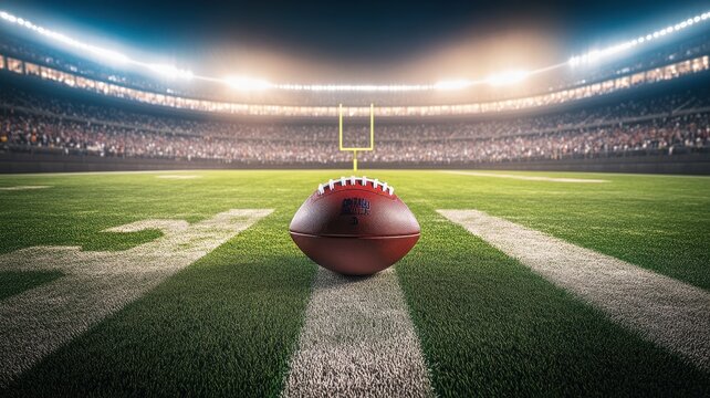 A close-up view of a football on the field, illuminated by stadium lights, capturing the essence of a thrilling game experience.