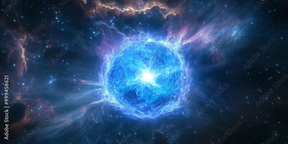 Poster a neutron star emitting intense x-rays, with the gravitational field visibly warping space-time arou