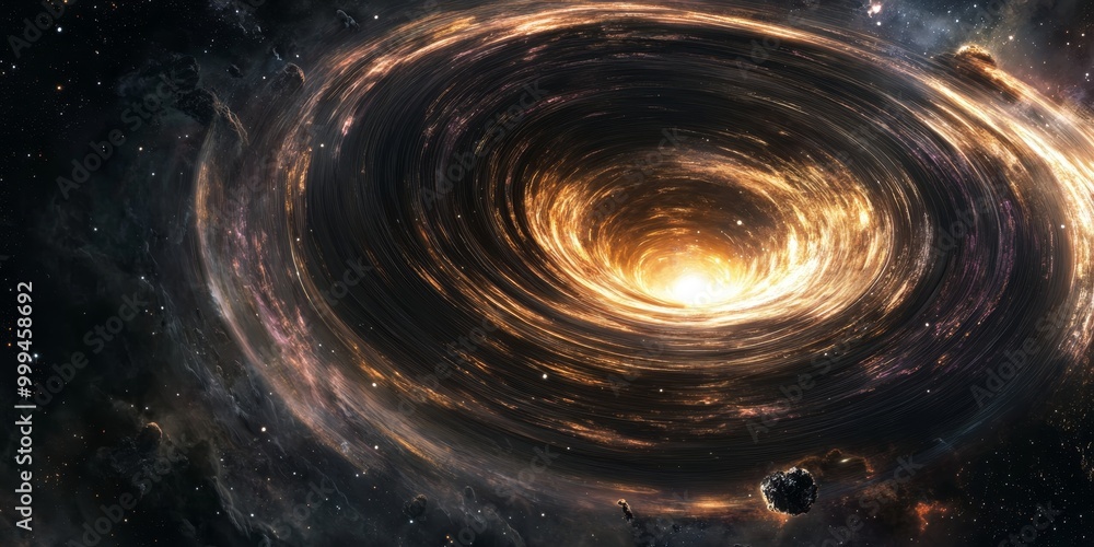 Poster a black holes accretion disk, with matter spiraling inward and the event horizon visible in high res