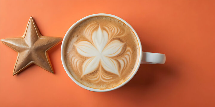 Flat lay of a coffee cup shaped like a star, creamy latte inside, surrounded by blank space for a headline or message