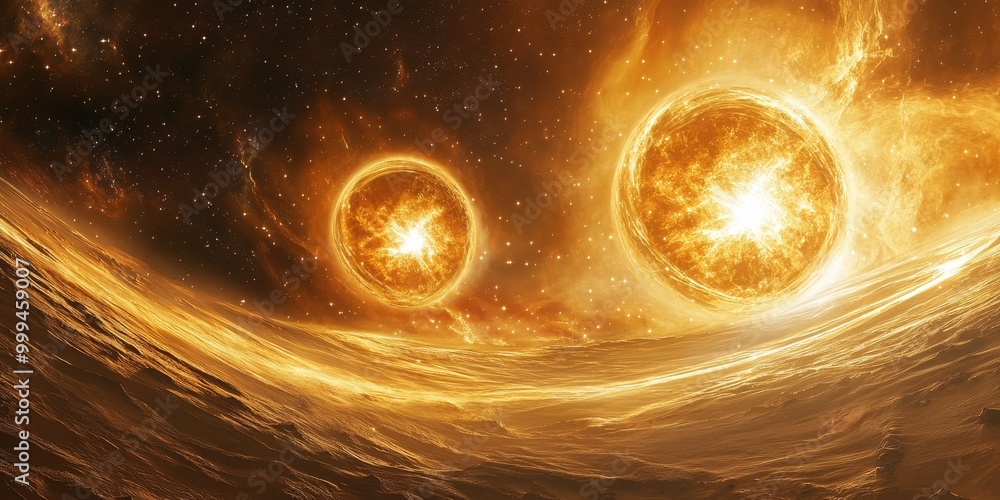 Aufkleber a binary star system, showing both stars orbiting their common center of mass and interacting.