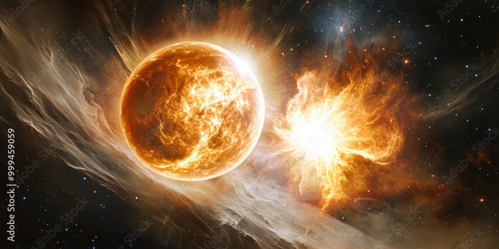Aufkleber a binary star system, showing both stars orbiting their common center of mass and interacting.