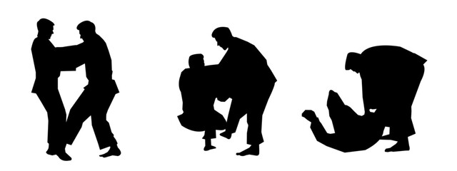 Set of Judo men Silhouettes isolated white background. Vector Illustration