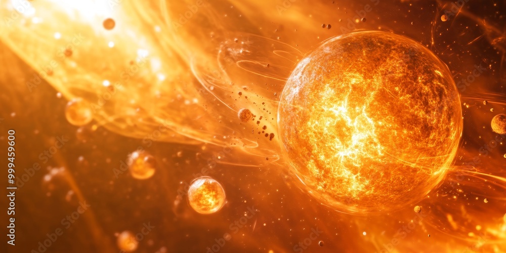 Poster a nuclear fusion process, with hydrogen atoms combining to form helium and releasing energy in the s