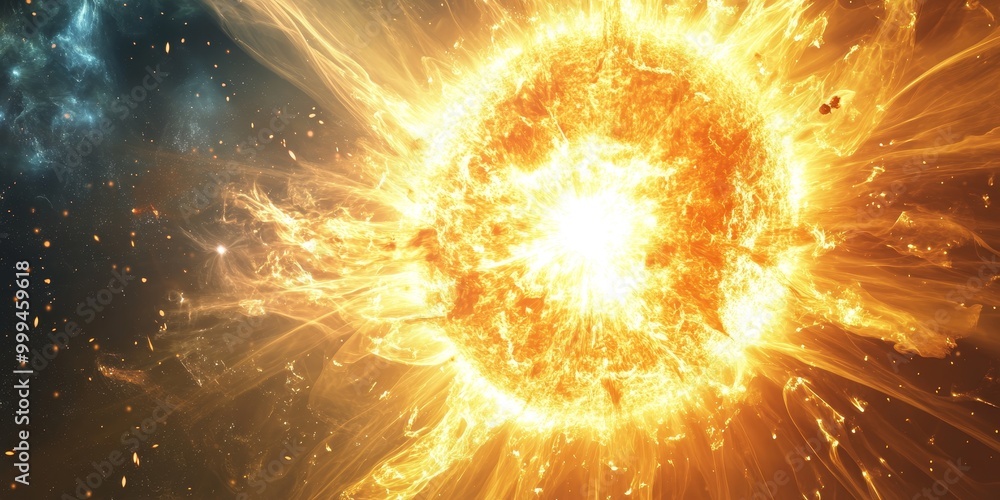 Poster a nuclear fusion process, with hydrogen atoms combining to form helium and releasing energy in the s