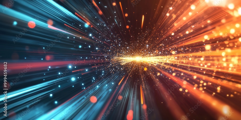 Poster a particle accelerators beamline, with charged particles moving at near-light speed toward collision.
