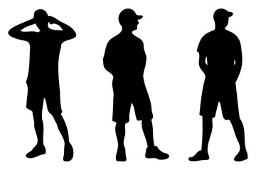 Set of silhouettes of a man in shorts, a T-shirt and a cap on a transparent background