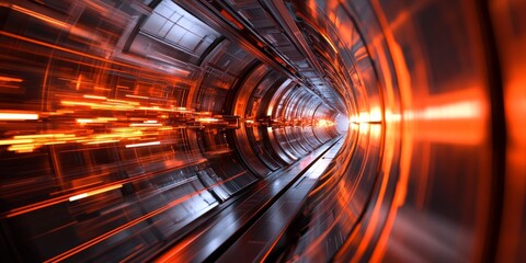 a particle accelerators beamline, with charged particles moving at near-light speed toward collision.