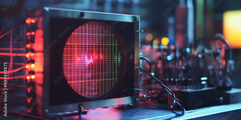 Poster a faraday cage blocking electromagnetic waves, with an oscilloscope showing no signals inside.