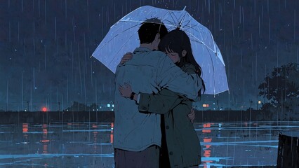 Rainy Night couple lo fi umbrella during a rainy night, the neon-lit city streets 