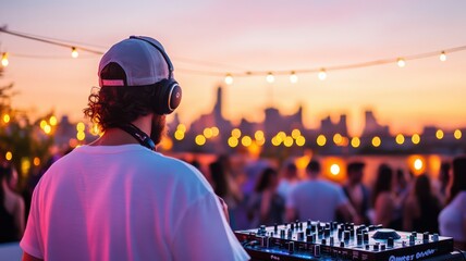 A DJ performs at sunset, creating an electrifying atmosphere for a vibrant outdoor crowd adorned with city lights.