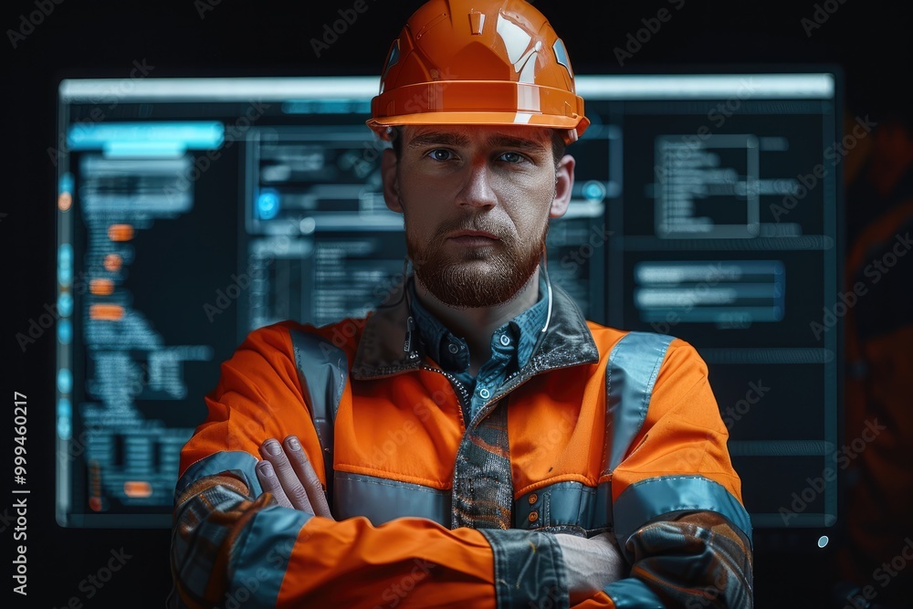 Poster A worker in a hard hat stands in front of a computer screen with a speech bubble above his head, black background.