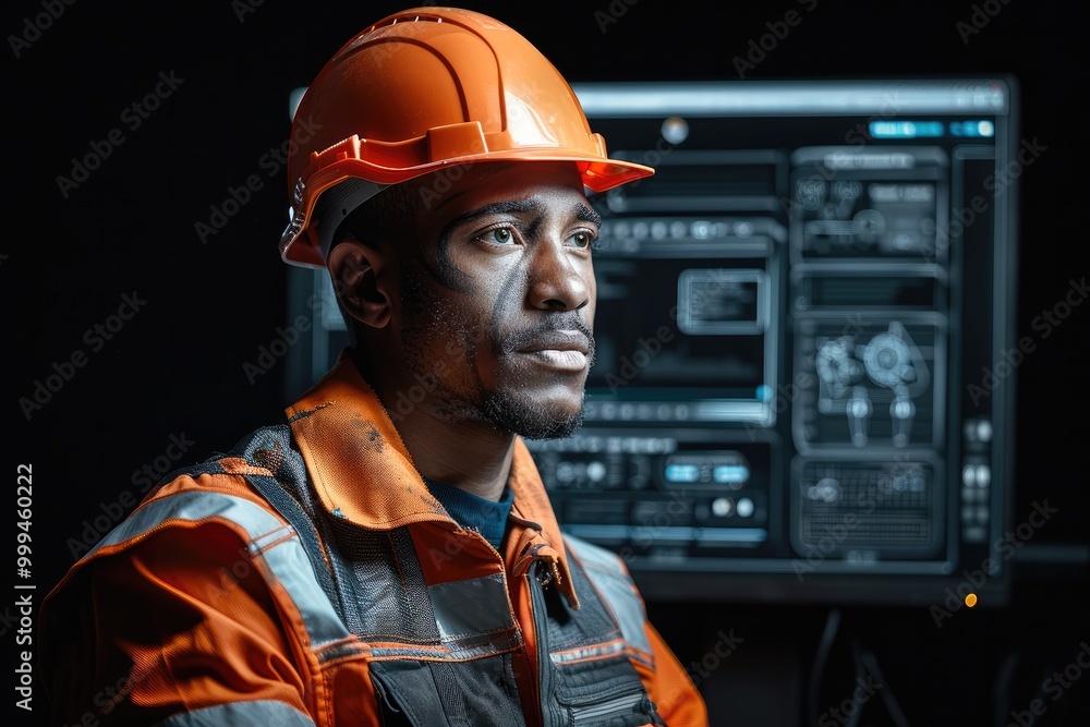 Poster A worker in a hard hat stands in front of a computer screen with a speech bubble above his head, black background.