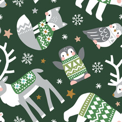 Seamless vector pattern with cute polar animals. Reindeer, fox, owl, bear and penguin. Nordic forest illustration. EPS 10 vector file. Perfect for textile, wallpaper or nursery print design.