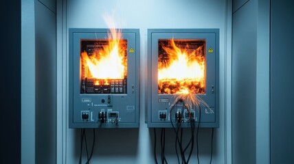 A dramatic scene of two electrical panels ablaze, showcasing the dangers of faulty wiring and electrical malfunctions.