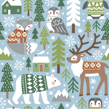 Fototapeta Seamless vector pattern with cute polar animals. Reindeer, fox, owl, bear and penguin. Nordic forest illustration. EPS 10 vector file. Perfect for textile, wallpaper or nursery print design.