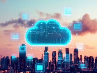 A futuristic cloud symbol over a cityscape, representing digital innovation and cloud technology in an urban environment.