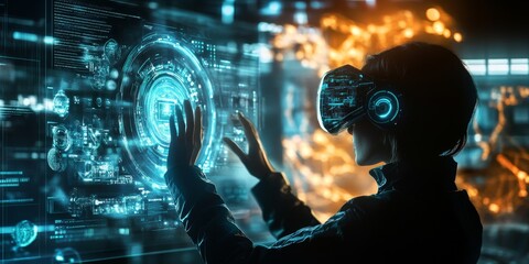 Obraz premium Futuristic personal tech with a holographic interface, seamlessly connecting to a virtual reality world, showcasing cutting-edge design.