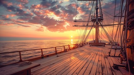 Naklejka premium Sunset on the wooden ship platform