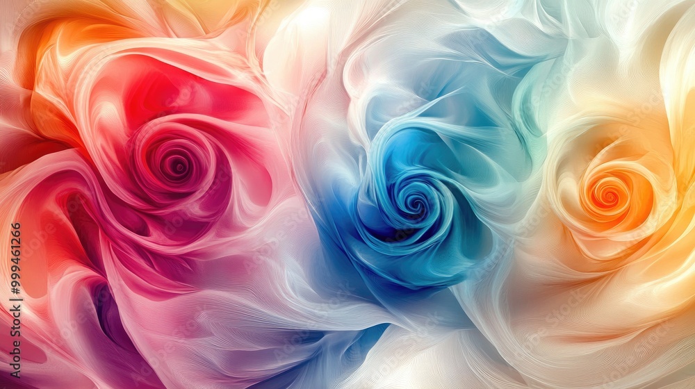 Poster colorful roses swirl in hypnotic patterns, creating a stunning abstract design on a white background