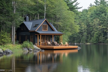 Fototapeta premium A modern, black cabin with a large deck overlooking a tranquil lake.
