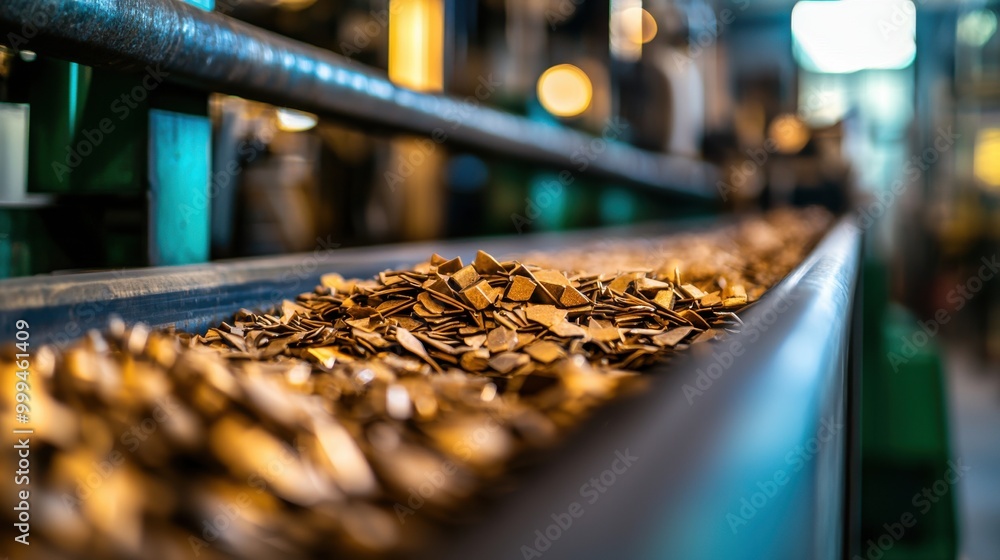 Poster close-up of metallic scraps on a conveyor in a factory environment.