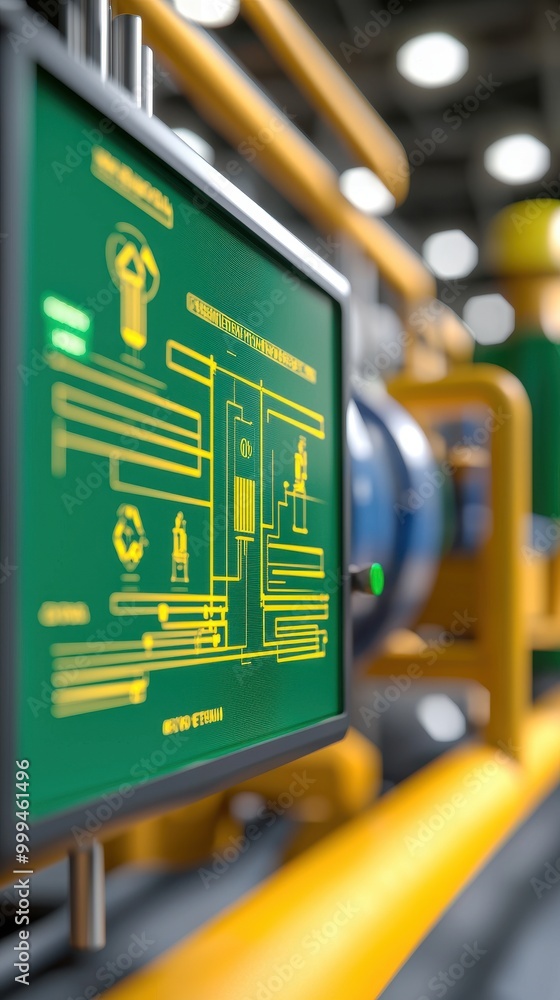 Poster control panel display in a modern industrial setting, showcasing operational data.